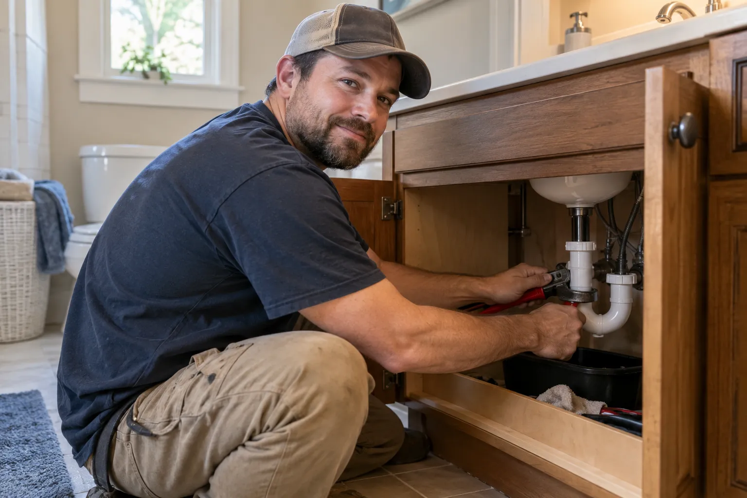 Plumber checking a drain pipe in a Apopka home