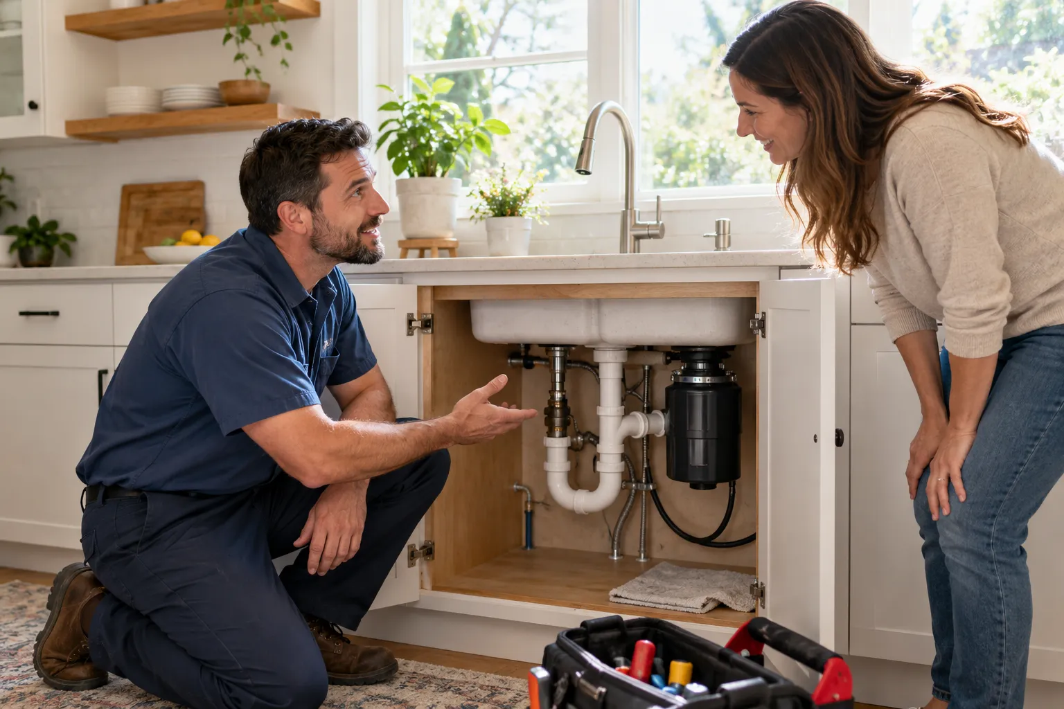 Homeowner talking with a friendly plumber beside a kitchen sink in Apopka