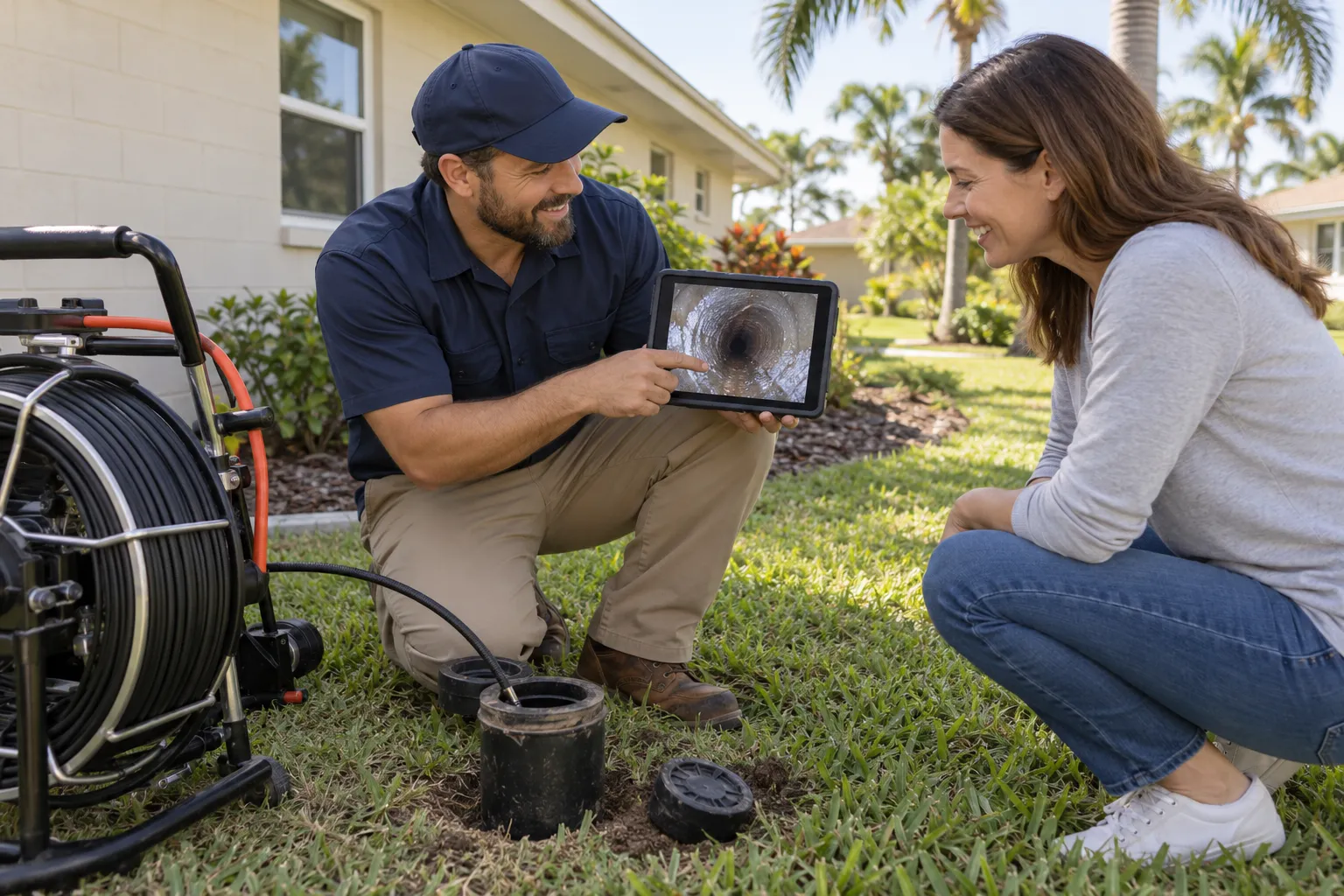 A local provider and a homeowner reviewing sewer camera footage on a tablet in a yard in Apopka